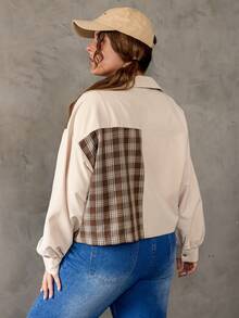 SHEIN EZwear Plus Contrast Plaid Print Drop Shoulder Flap Pocket Jacket - Khaki - View 2