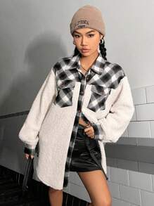 SHEIN EZwear 拼接格紋印花落肩袖翻蓋口袋絨毛外套 - 彩色 - 查看 3