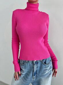 DAZY Turtleneck Ribbed Knit Sweater,Fall Women Clothes - Hot Pink - View 5