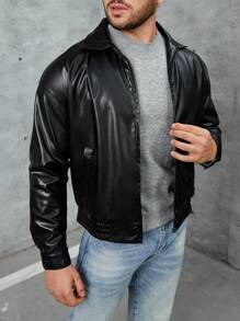 Manfinity Homme Men's Solid Color Zipper Pu Leather Jacket - Black - View 5