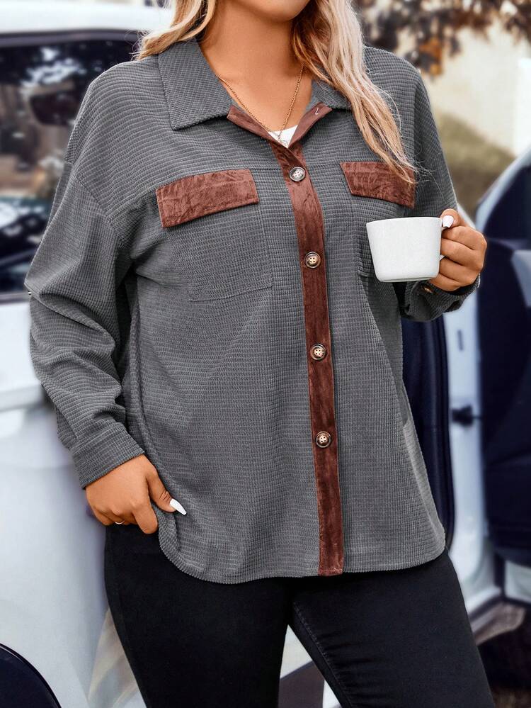 Plus Contrast Trim Drop Shoulder Flap Pocket Shirt