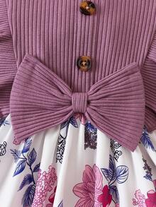 Baby Girls' Ruffle Trimmed Bowknot & Flower Printed Dress - White - View 4