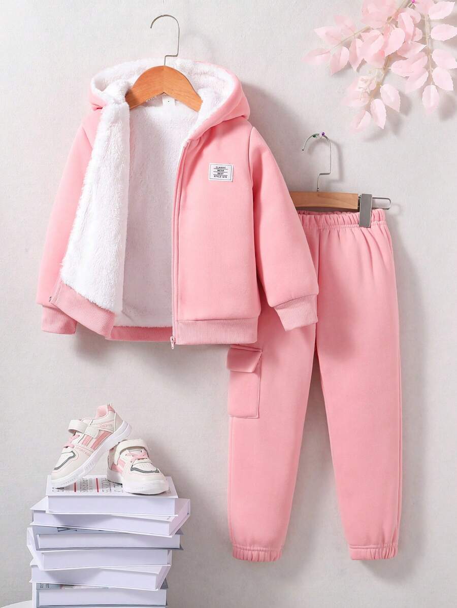SHEIN 女小童字母補丁細節加絨內裏拉鏈連帽衫和運動褲 - 藕粉色 - 查看 1