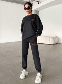 EURMUSE Heart Print Drop Shoulder Sweatshirt & Sweatpants - Dark Grey - View 4