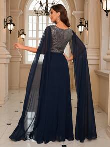 UNITHORSE Contrast Sequin Cloak Sleeve Prom Dress Elegant Long Sleeve Formal Evening Wedding Guest Gown, For Graduation, Dinner Party Dress - Navy Blue - View 3