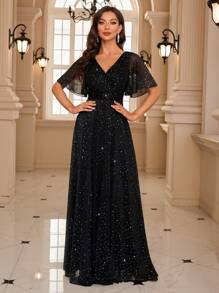 UNITHORSE Flounce Sleeve Glitter Prom Dress Black Elegant Formal Evening Wedding Guest Gown, For Graduation, Dinner Party Dress Spring - Black - View 6