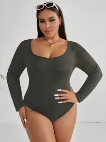 SHEIN EZwear Plus Solid Scoop Neck Bodysuit - Grey - View 5