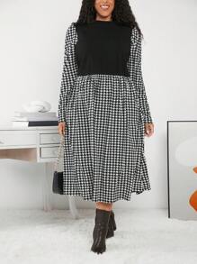 SHEIN CURVE+ 女士加大碼犬牙紋花紋連衣裙 - 黑與白 - 查看 4