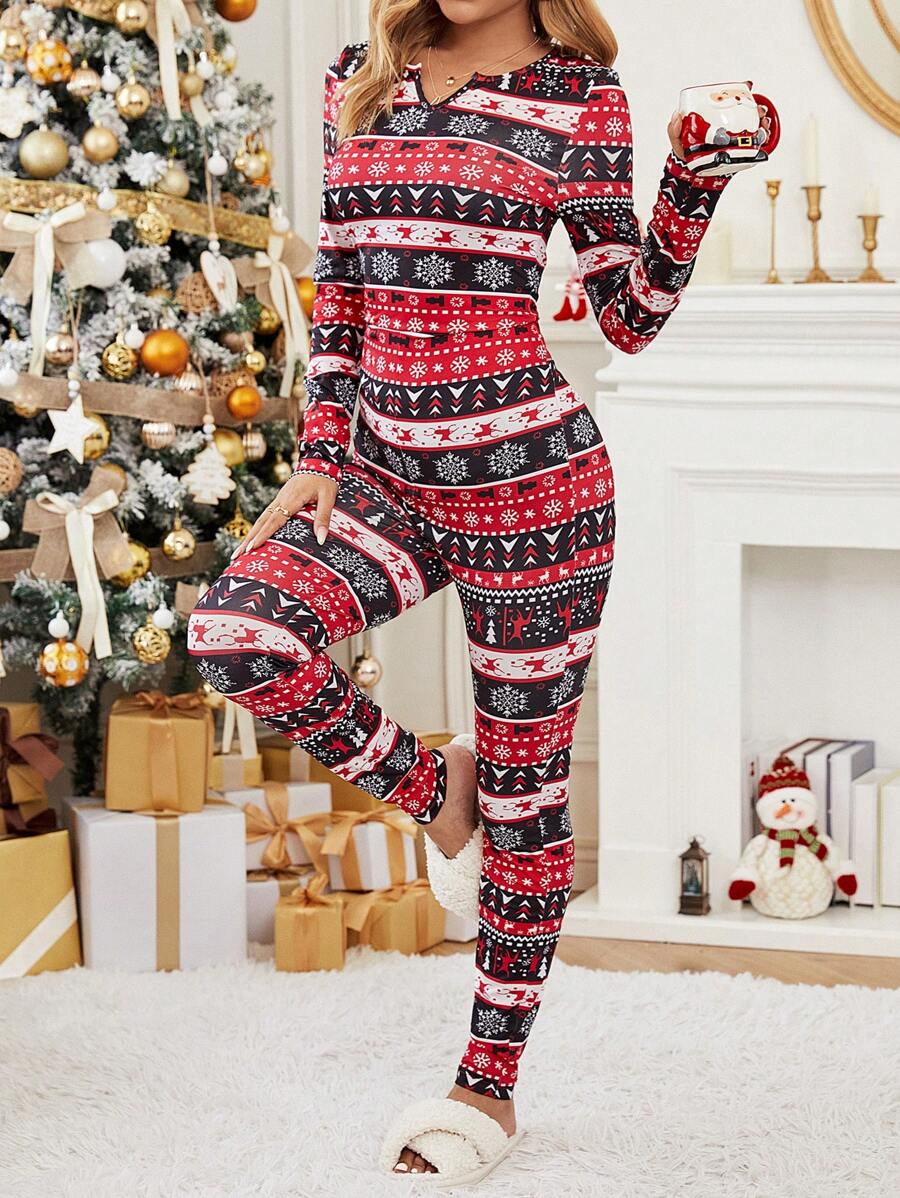 SHEIN LUNE 聖誕圖案缺口V領彈力緊身連體褲 - 彩色 - 查看 1