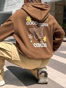 Flirla Plus Size Butterfly & Slogan Graphic Drop Shoulder Drawstring Sweatshirt - Brown - View 7