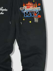 ROMWE MEN Prep 男士字母印花束口褲 - 黑色 - 查看 4