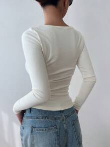 DAZY Áo thun cổ tròn trơn, quần áo mùa thu tay dài cho nữ - Màu be - Xem 2