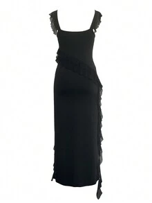 Vestido ribete con fruncido de muslo con abertura - Negro - Ver 2
