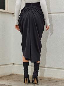 EURMUSE Solid Ruched Split Thigh Skirt - Black - View 2