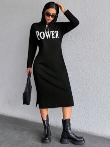EURMUSE Letter Print Hoodie Loose Dress - Black - View 5