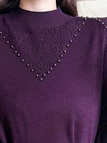 Solid Mock Neck Drawstring Waist Sweater Dress - Purple - View 3