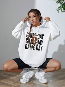 SHEIN EZwear Đồ họa Chữ cái Thả vai Dây rút Hoodie - trắng - Xem 6