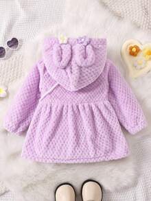 SHEIN 女嬰3D耳朵設計花卉圖案補丁貼連帽外套附包 - 紫色 - 查看 2