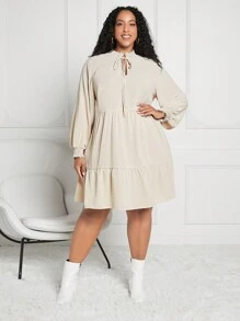 SHEIN CURVE+ Vestido De Talla Grande Con Cuello Anudado, Manga Acampanada, Cruzado Y Dobladillo Con Volantes Para Mujer - Albaricoque - Ver 5