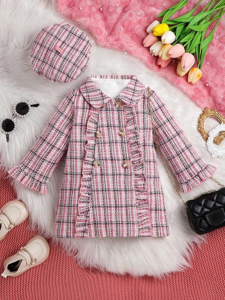 Baby Girl Plaid Print Ruffle Trim Double Breasted Overcoat & Hat