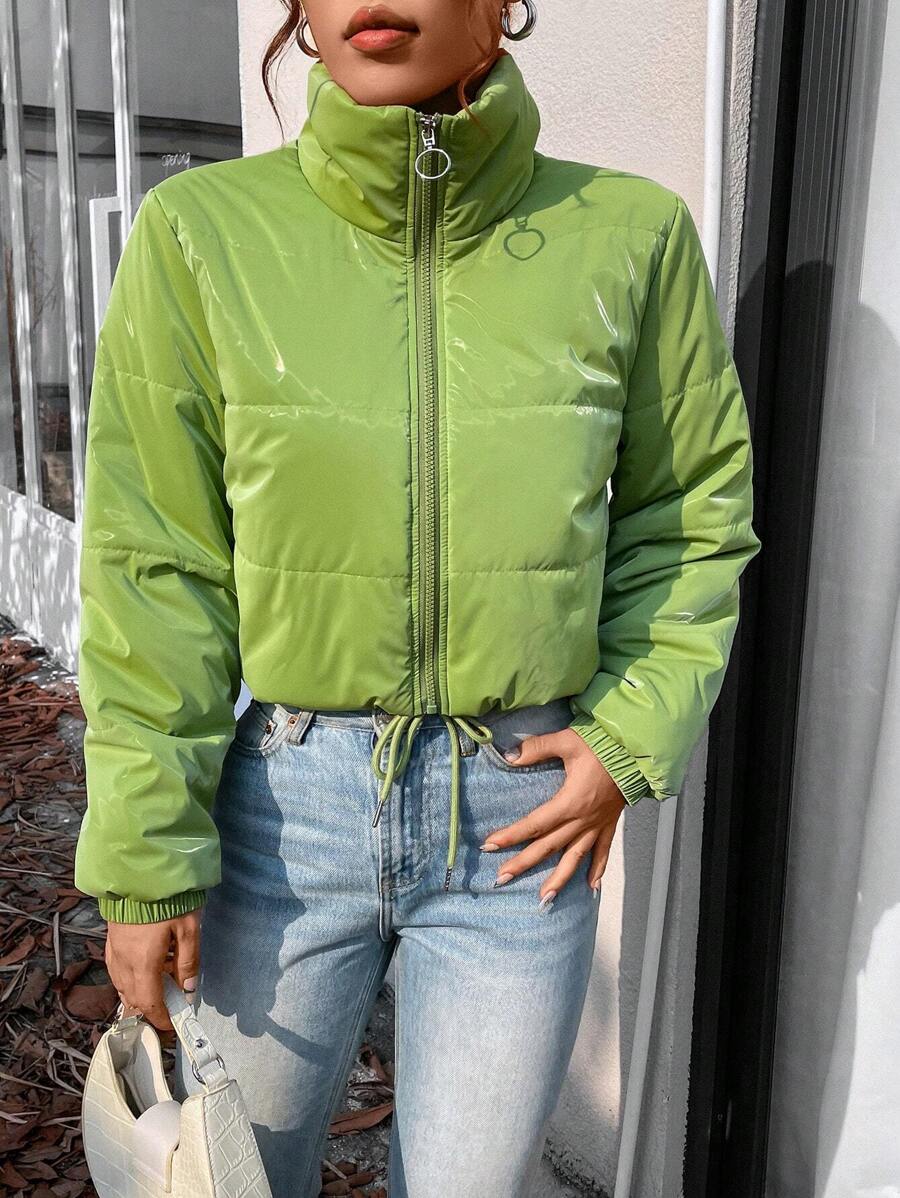 SHEIN Unity Abrigo acolchado con cremallera y cordón ajustable en el bajo, ropa de invierno - Verde - Ver 1