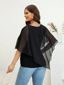 AAmilife Plus Size Solid Batwing Sleeve Top Black Summer - Black - View 2