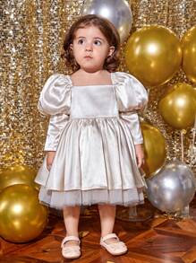 SHEIN Baby Girl Gigot Sleeve Contrast Mesh Party Dress - Apricot - View 3