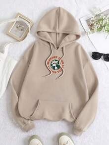 SHEIN EZwear Đồ họa Chữ cái Dây rút Lót nhiệt Hoodie - Màu Khaki - Xem 2