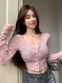 Dazy Star Thuốc nhuộm Không gian Nút Thông qua Áo phông Crop - Hồng - Xem 5