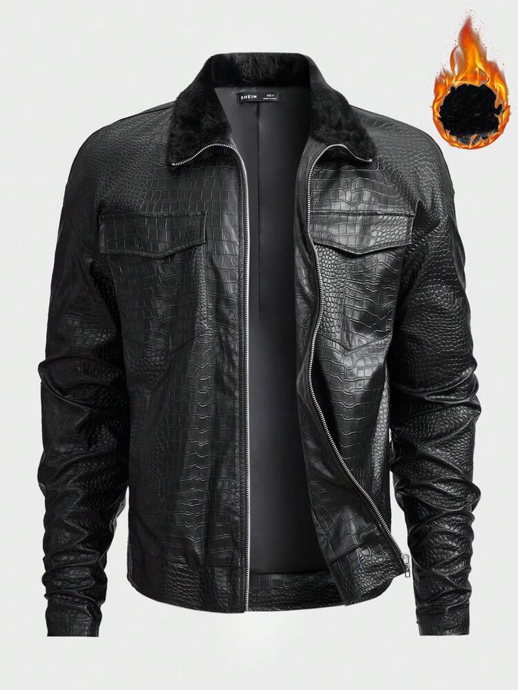 Loose Fit Men's Crocodile Pattern Jacket With Flap Pockets, For Fall Winter