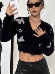 SHEIN Unity Butterfly Pattern Crop Fuzzy Knit Pullover Fall Winter Sweater - Black - View 6