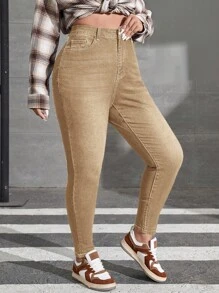 SHEIN SXY 大碼素色緊身牛仔褲 - 卡其色 - 查看 3