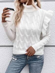 SHEIN Frenchy 1入組高領荷葉邊麻花編織毛衣背心 - 白色 - 查看 4