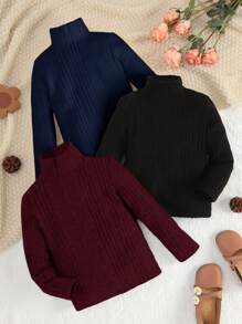 SHEIN Vintaside Kids Young Boy 3pcs High Neck Ribbed Knit Tee, School, Campus, College - Multicolor - View 1