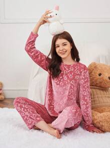Teen Girl Floral Jacquard Velvet PJ Set - Pink - View 5