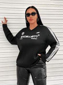 SHEIN EZwear 大碼字母圖案拼接側邊接縫落肩袖運動衫 - 黑色 - 查看 5