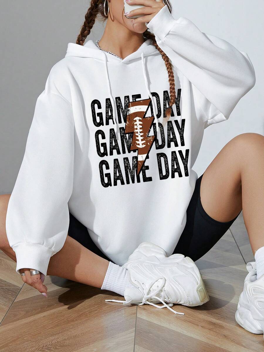 SHEIN EZwear Đồ họa Chữ cái Thả vai Dây rút Hoodie - trắng - Xem 1