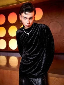 Manfinity AFTRDRK 男士小高領絲絨T恤 - 黑色 - 查看 6