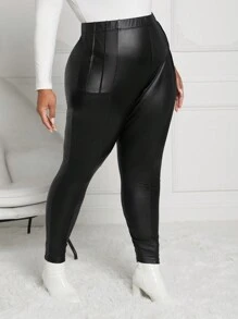 SHEIN CURVE+ Kích thước lớn Đàn hồi chất liệu da PU Của phụ nữ Xà cạp Quần , Mùa Đông - màu đen - Xem 4