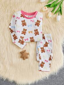 SHEIN Cô Gái Trẻ Gấu & In nơ Tương phản ràng buộc Vừa Khít Bộ PJ - Nhiều màu - Xem 4