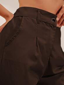 SHEIN Cottnline Solid Fold Pleated Carrot Pants - Brown - View 5