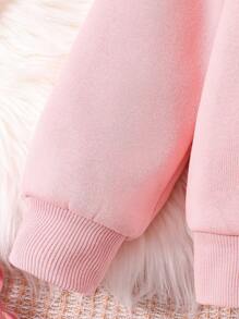 SHEIN 女小童字母補丁細節加絨內裏拉鏈連帽衫和運動褲 - 藕粉色 - 查看 3