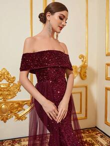 露肩網紗罩層的開叉亮片鱼尾禮服 - 玫紅色 - 查看 6