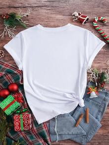 SHEIN EZwear Christmas Print Tee - White - View 2