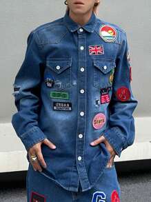 Manfinity Roghcode Men Letter Patched Detail Flap Pocket Denim Shirt - Blue - View 6