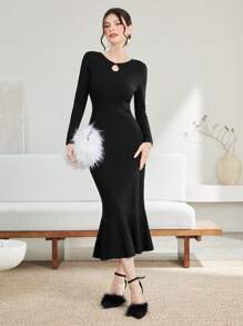 Modelyn Keyhole Neckline Mermaid Hem Sweater Dress Fall Cloth For Women - Black - View 1
