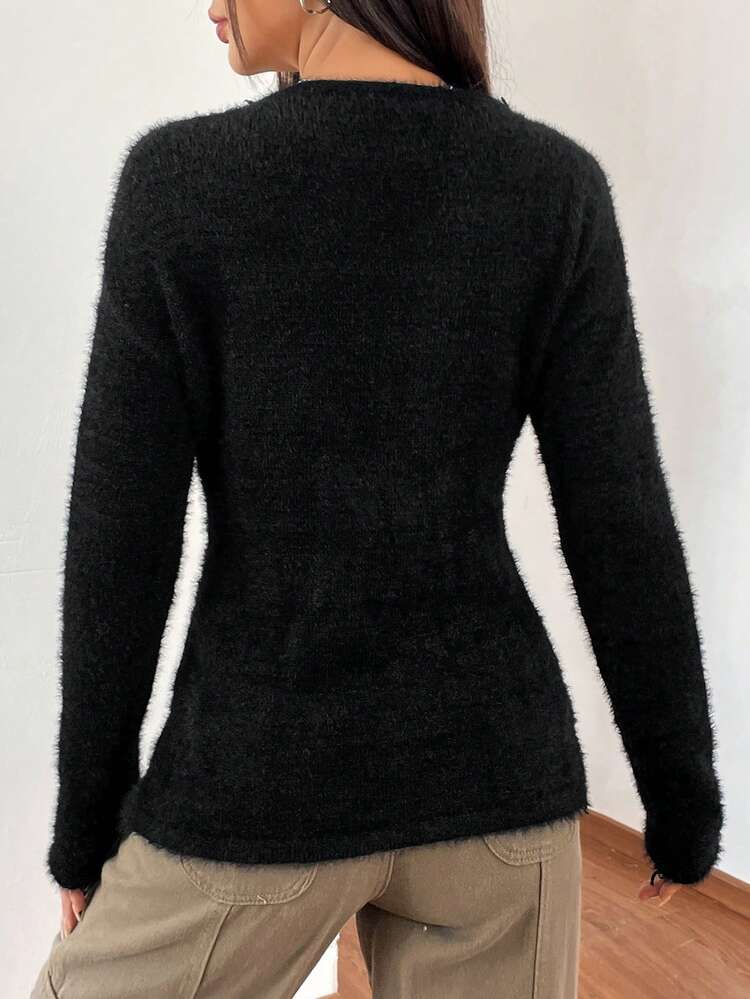 Split Hem Fluffy Knit Sweater
