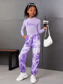 SHEIN Cô gái Tween Đồ họa Chữ cái Cổ giả Áo thun & Nhuộm buộc Quần thể thao - Màu tím - Xem 4