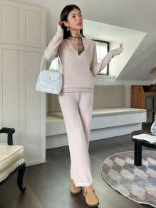 SHEIN Unity Chất rắn Bọc Áo len & Quần dệt kim - Màu be - Xem 4