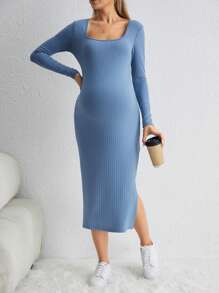 SHEIN Maternidad Vestido ajustado de cuello cuadrado de muslo con abertura tejido de canalé - Azul - Ver 5